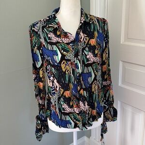 Anthropologie Margaret Jeane Leopard Top Blue Blouse Shirt Safari Animal Size 2